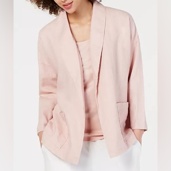 Eileen Fisher Organic Linen Cardigan Small Shawl Collar Open Front Pink Blazer - Picture 9 of 15